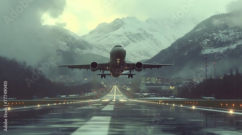 a visually appealing AI-generated image of an airplane landing on a runway, utilizing post-production enhancements to create a polished and realistic representation attractive look