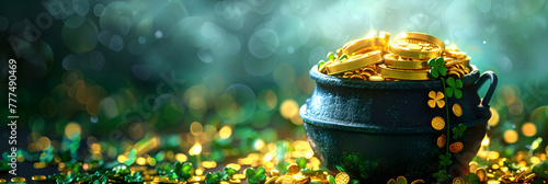 black pot full of gold coins and shamrock leaves, generative Ai