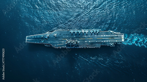 navy nuclear aircraft carrier, navy ship carrier full loading fighter jet aircraft, Aircraft carrier crossing the ocean, Aerial drone, anchored in deep blue open ocean sea, Generative Ai photo