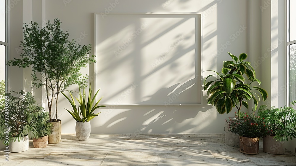 large photo frame on wall in minimalist white scene