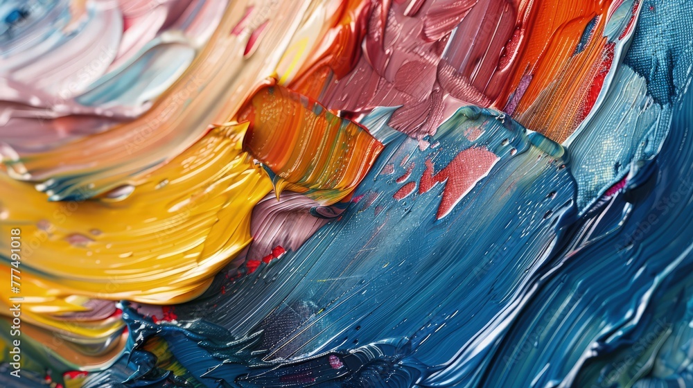 A close-up showcasing the dynamic texture of a multicolored abstract painting. Oil and acrylic paints are used to create a layered, rough texture.