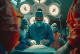 Surgeons in blue scrubs focus intently on procedure under bright operating lights, sterile environment underscores urgency. Medical team in teal attire engages in surgery, dedication visible