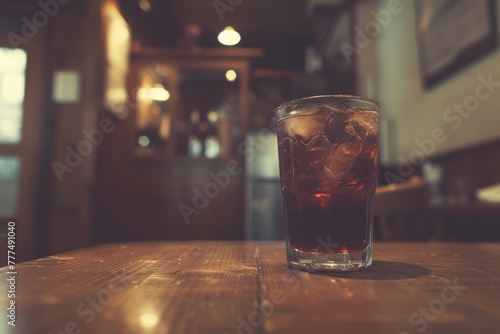 Crystal-clear glass holds chilled, fizzy cola, amber liquid effervescing, ice cubes floating, in dim, ambient tavern. Refreshing soda with ice awaits on weathered wood, bubbles rising swiftly photo
