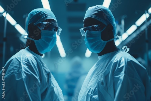 Two surgeons, attired in sterile blue, confront each other in a coolly lit operating room, anticipation evident. Medical experts, garbed in protective gear, engage under sterile illumination photo
