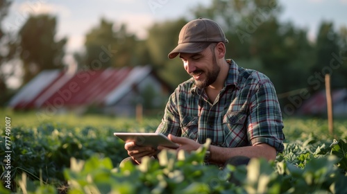 Happy Farmer Using Tablet in Field at Dusk.