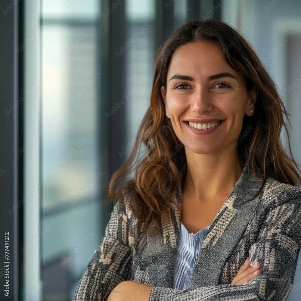 Smiling European businesswoman 40-50 years old, active business woman against the background of her office Smiling European businesswoman 40-50 years old, active business woman against the background of her office