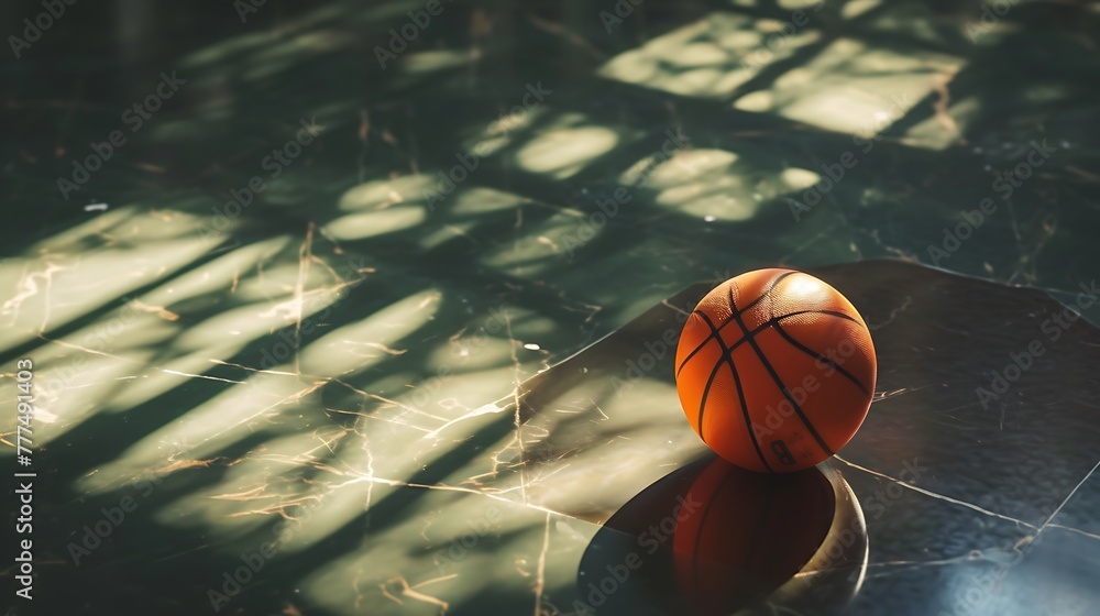 an artistic representation of a basketball ball lying on the polished floor of a sport arena or stadium, with the play of sunlight creating dynamic shadows and highlights attractive look
