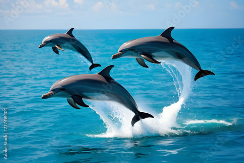 three dolphins jumping out of the water  sea  summer  season  wildlife  sea animals