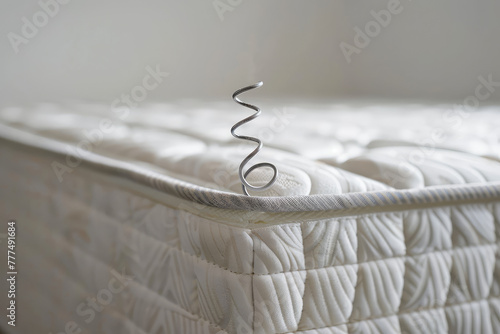 Broken mattress with a coil spring sticking out. Broken spring mattress, close-up, copy space. 