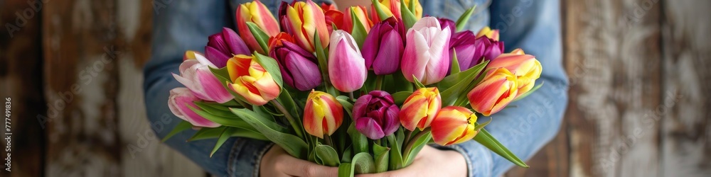 A woman tender grasp cradles a vivid array of tulips A woman tender grasp cradles a vivid array of tulips
