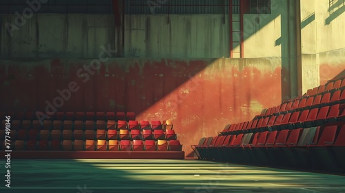 an artistic representation of a deserted stadium filled with empty seats, capturing the stillness and solitude in the absence of cheering fans and players attractive look photo