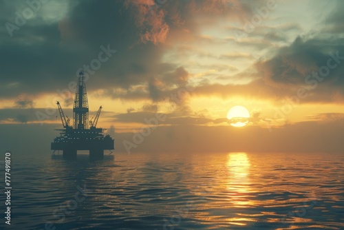 Offshore platform, oil and gas production in ocean or sea, gas and oil production industry, offshore drilling rig in the rays of the setting sun