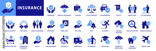 Insurance icon set. With medical, Legal, Car, Pet, Travel Insurance icons and much more. Dual Color Flat icons vector collection