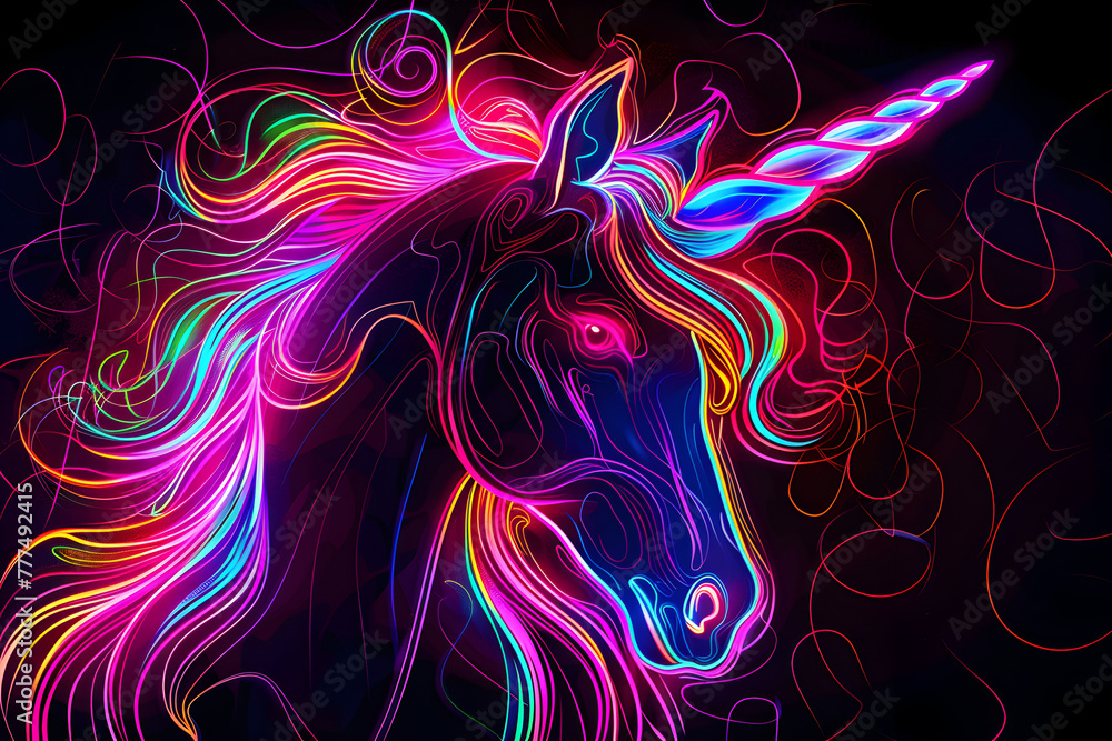 Neon unicorn with rainbow swirls isotated on black background.