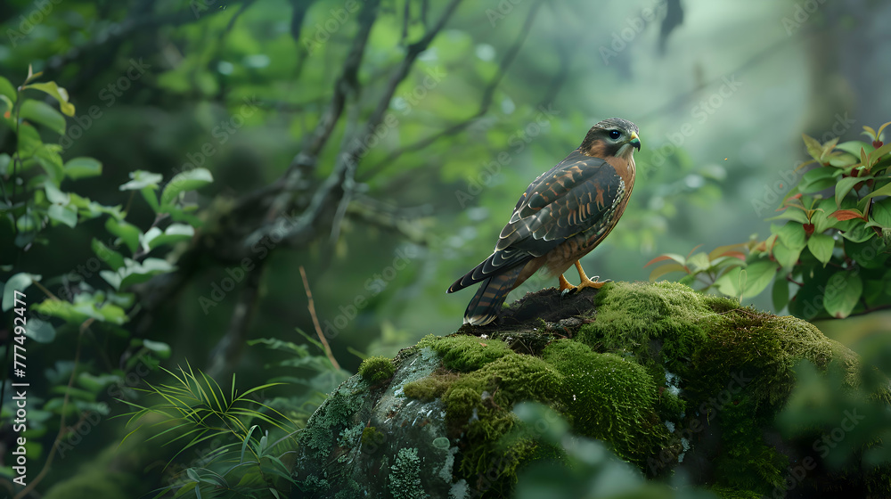 Fototapeta premium A solitary Sparrowhawk perched on a moss-covered rock, framed by lush greenery, its feathers ruffled gently by a soft breeze