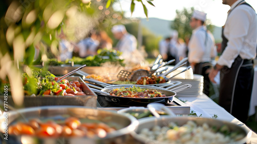 "Outdoor Wedding Catering Service" A vibrant outdoor catering scene at a wedding, with chefs and a variety of dishes in focus, capturing the essence of al fresco dining elegance.