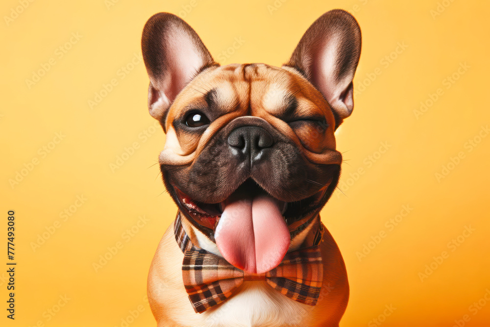 full body French Bulldog Dog winking and sticking out tongue on solid color bright background