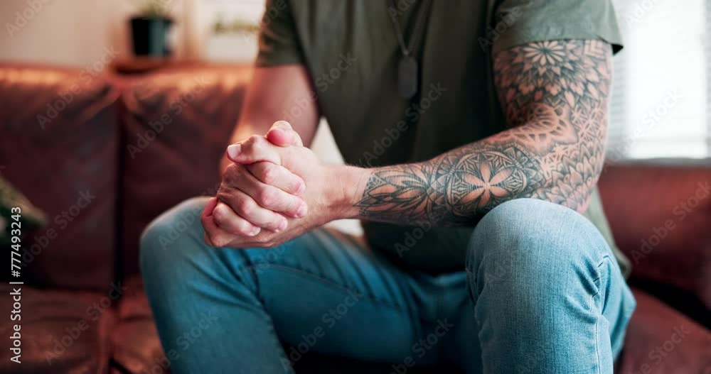 Nervous, hands and man on sofa for counseling, support and help in ptsd, trauma or stress. Mental health, therapy and veteran with depression on couch for healthcare, treatment or rehabilitation Nervous, hands and man on sofa for counseling, support and help in ptsd, trauma or stress. Mental health, therapy and veteran with depression on couch for healthcare, treatment or rehabilitation