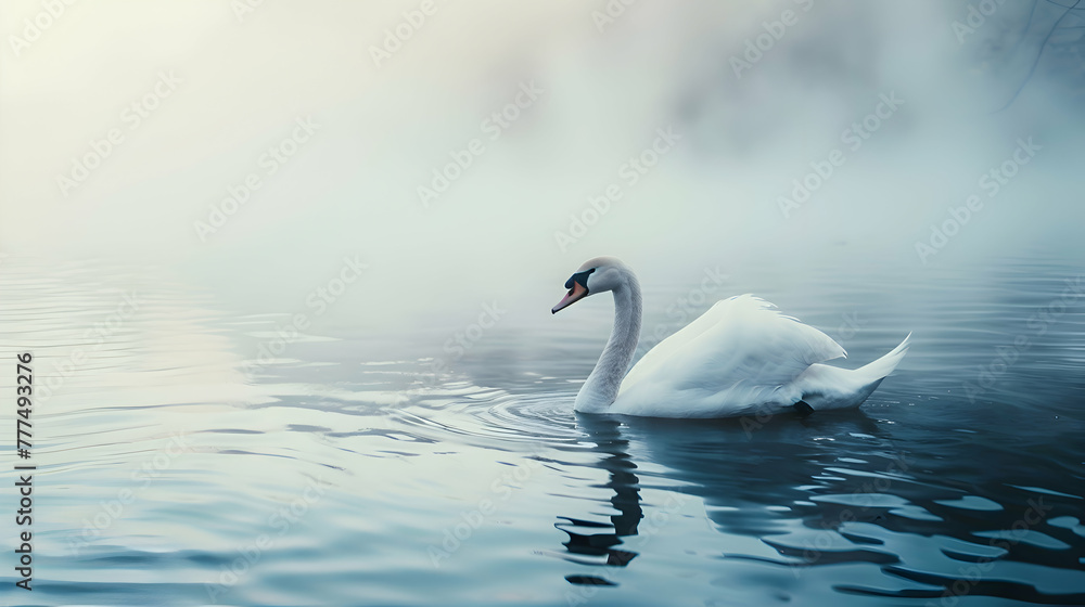 Fototapeta premium A solitary swan poised in the midst of rippling waters, its pristine white feathers contrasting against the blurred backdrop of a misty morning landscape