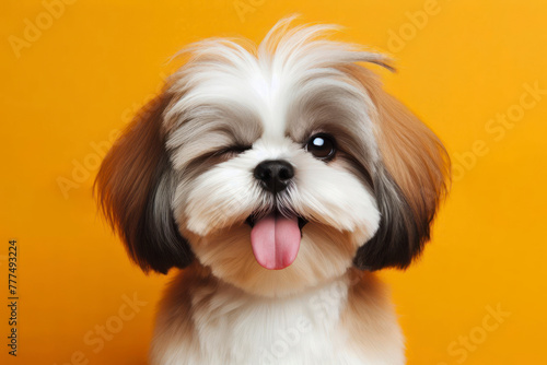 full body Shih Tzu Dog winking and sticking out tongue on solid color bright background