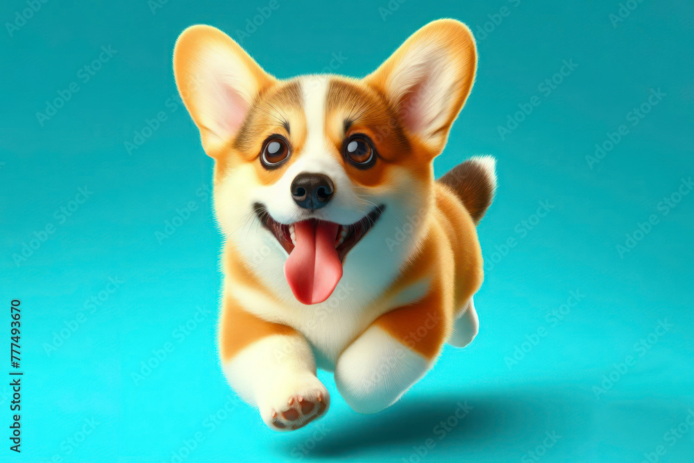 The cute Corgi runs with his tongue hanging out and big bulging eyes isolated on a solid bright color background The cute Corgi runs with his tongue hanging out and big bulging eyes isolated on a solid bright color background