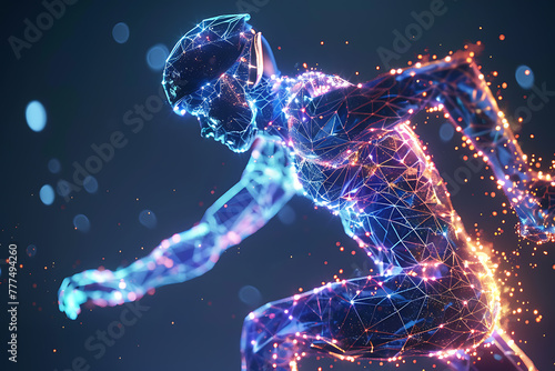 Innovative wireframe visualization against radiant translucent backdrop features a man engaged in various sports activities © River Girl