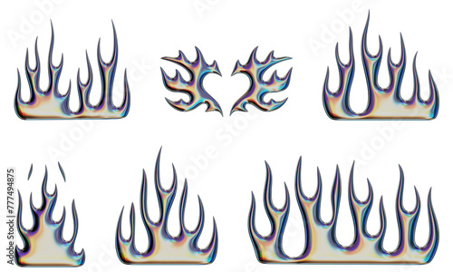 3D burning fire. Stickers with chrome flame shapes with glossy liquid metal effect. Trendy Y2K iridescent design elements. 3D render. Illustrations are isolated on white background