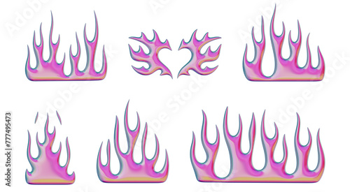3D flames. Set of trendy Y2K elements. Gradient pink burning fire shapes with the effect of transfusion of colors. 3D render. Illustrations are isolated on white background