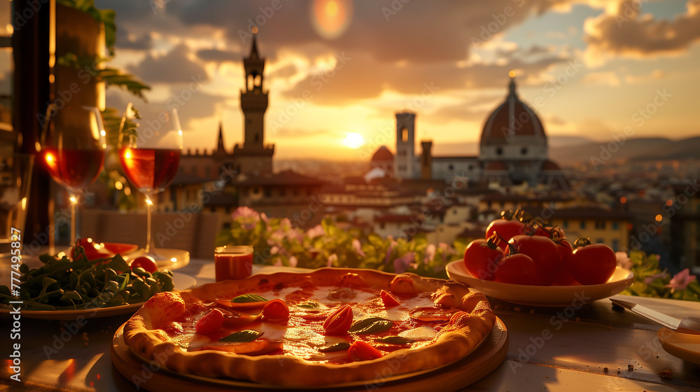 Italian Indulgence: Pizza Feast Against the Spectacle of Sunset and Landmarks - obrazy, fototapety, plakaty 