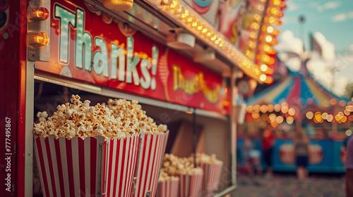A bustling carnival scene with a colorful concession stand selling popcorn adorned with cheerful Thanks! signage captures the essence of summertime joy