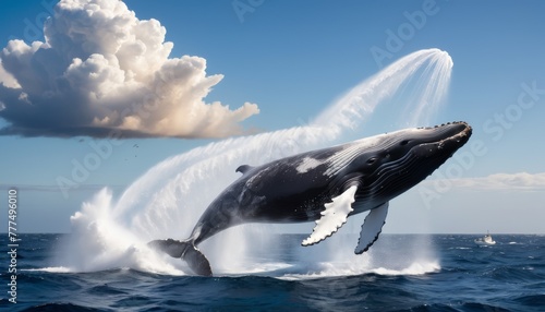 This stunning image captures the awe-inspiring moment of a humpback whale breaching the ocean's surface, with a spray of water around, under a dramatic sky.. AI Generation