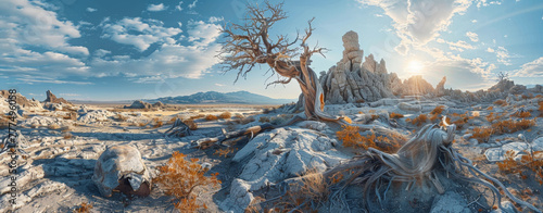 A panoramic alien landscape with twisted trees, rocky formations, and a golden sunset casting long shadows. A desolate yet beautiful wallpaper scene. photo