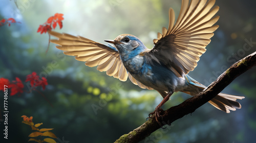 tailed hummingbird, In a dew-kissed morning, awaxwing flits among berry-laden branches. Its sleek form, like abrushstroke of elegance, graces the forest. Theblue sky frames its flight--a reminder to p