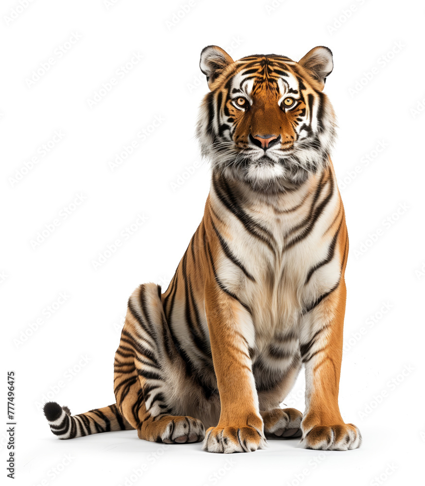 Bengal tiger seated looking forward with focus