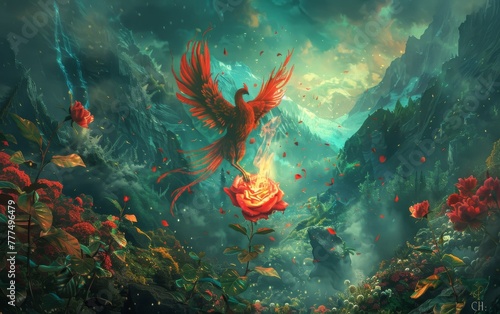 A fantasy illustration of a phoenix rising from a burning red rose, symbolizing rebirth and eternal love, set in a mystical Valentine's landscape