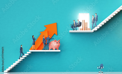 Business team introducing a new startup in finance to investors. Business environment concept with stairs and open door representing prospects, opportunity, achievement, success. 3D rendering photo