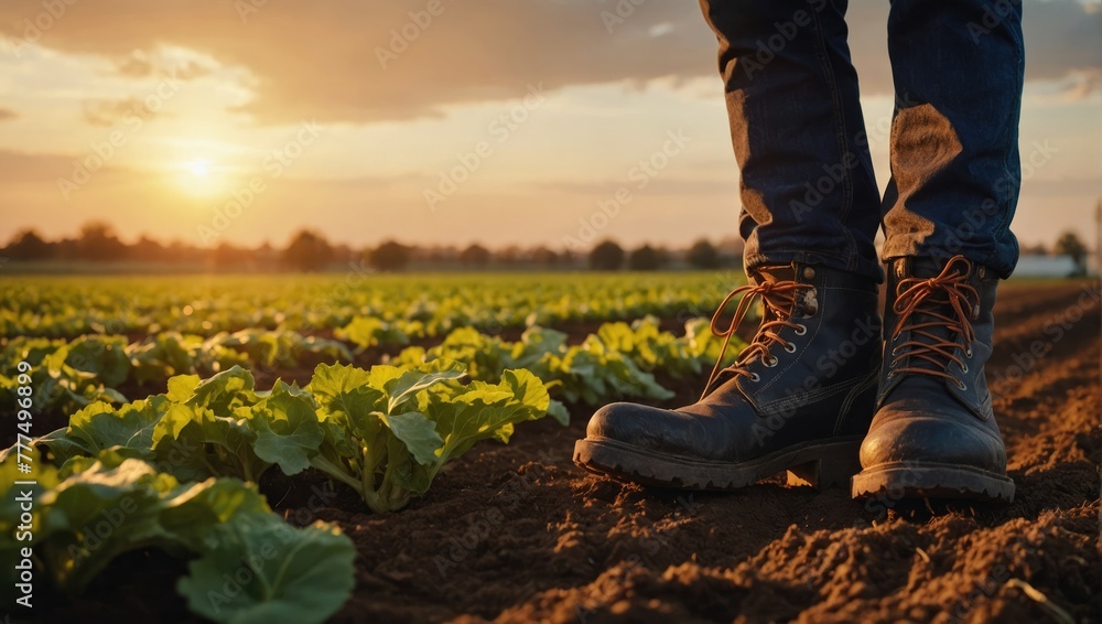 farmer's boots in the field close-up farmer's boots in the field close-up