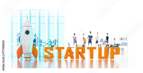Rocket and STARTUP word in office, blur people working in office, copy space at white background. 3D rendering.	
