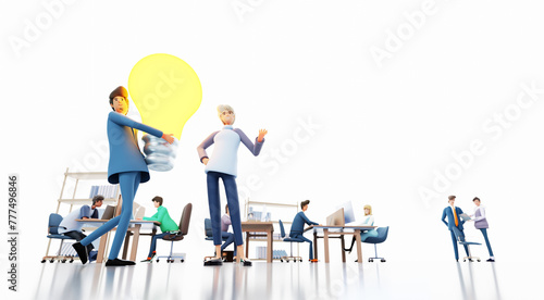 Businessman caring big light bulb as symbol of new idea, solving the problems, business people blur at the background. 3D rendering