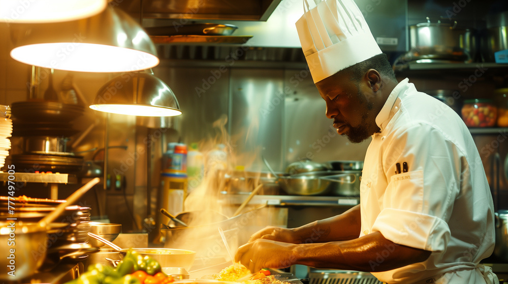 Intense male chef focusing on cooking, flame-lit ambiance in commercial kitchen Intense male chef focusing on cooking, flame-lit ambiance in commercial kitchen