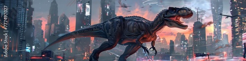 An Allosaurus mercenary in futuristic gear, patrolling a dystopian cityscape with high-tech weapons at its disposal © Shutter2U