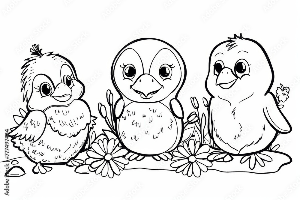 children's coloring book black and white three cartoon birds