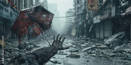 Zombie's hand holding a tattered umbrella in a deserted, storm-wrecked street photo
