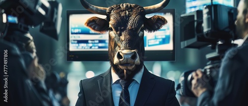 A bull in a financial news broadcast, wearing a mediasavvy suit, influencing bullish market sentiment