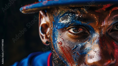 A decade of memories etched on the face of a baseball player, captured in vivid detail as they stand in their blue and red uniform, embodying the essence of the sport photo