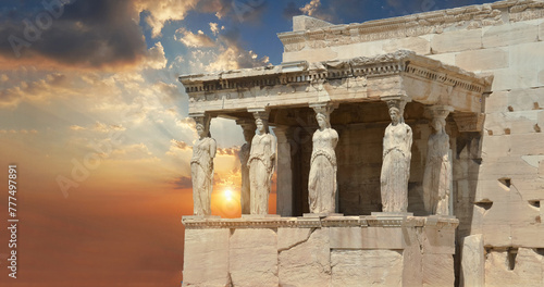 greece caryatids summer sunsetin athens ancient heritage photo
