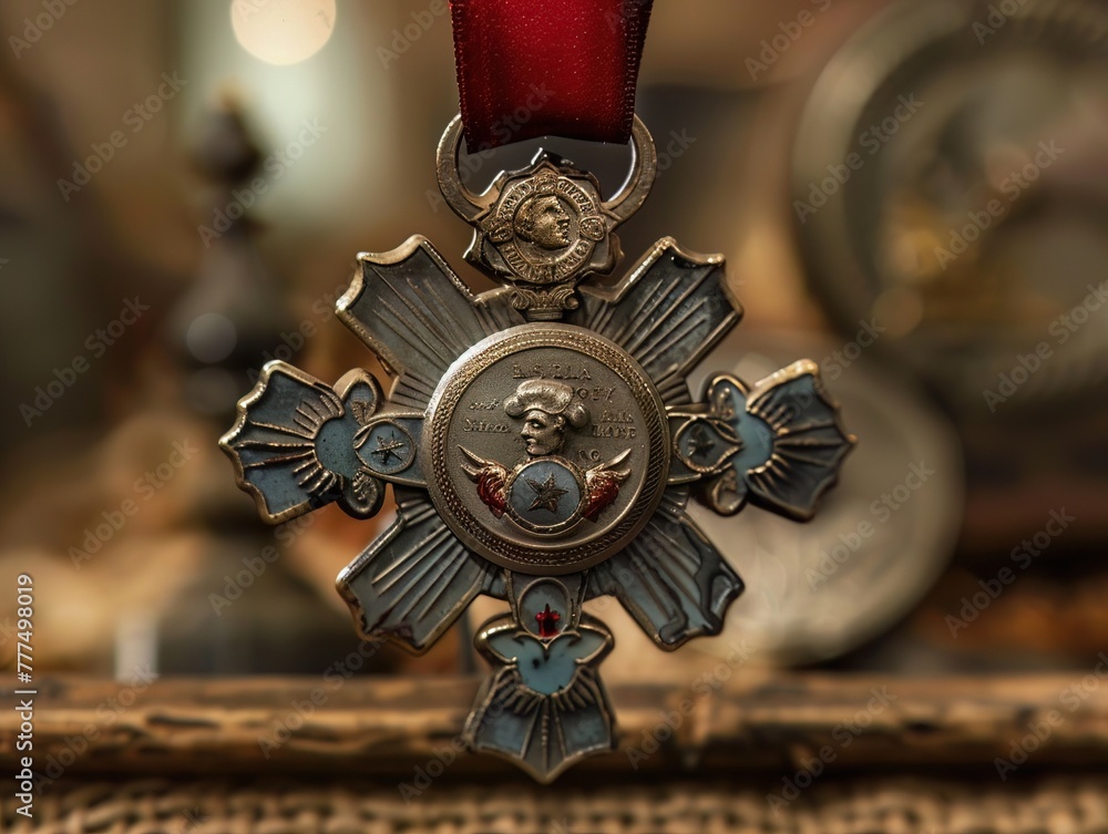 A medal of valor, adorned with national emblems, is pinned on the chest of a hero, symbolizing bravery and sacrifice in service - obrazy, fototapety, plakaty 