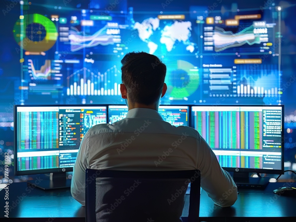 A network engineer monitoring a cloud computing infrastructure on multiple screens A network engineer monitoring a cloud computing infrastructure on multiple screens