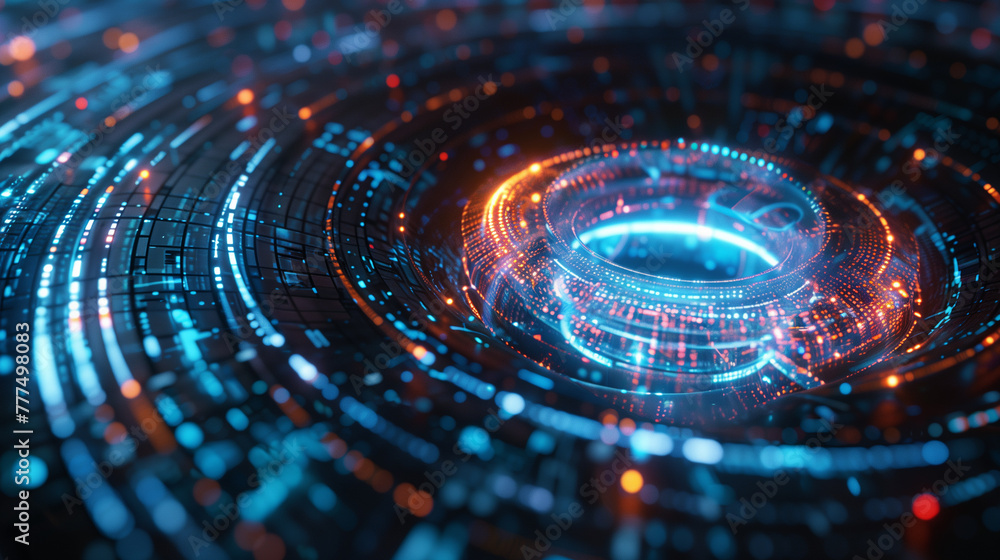 Obraz premium Futuristic technology background, bright holographic swirl circle.