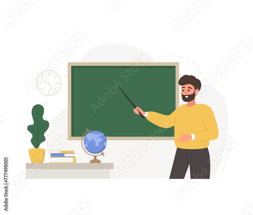 Male teacher in classroom. Pedagogue with pointer at chalkboard. School and college concept. Vector illustration in flat cartoon style.